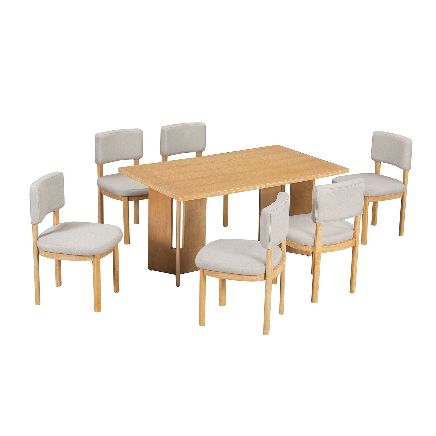 Dining Table Set With 6 Upholstered Chairs, Rectangular Table With Cutout Legs