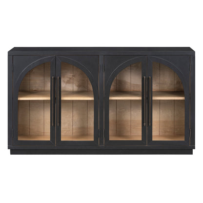 4-Door Large Storage Sideboard Buffet Cabinet with Glass Doors Arched Cabinet (Black)