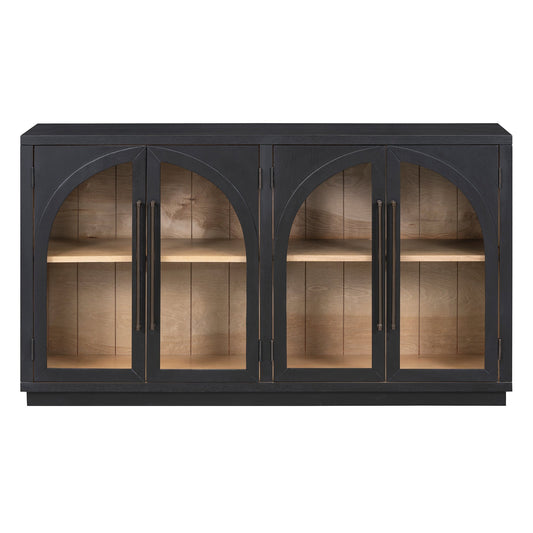 4-Door Large Storage Sideboard Buffet Cabinet with Glass Doors Arched Cabinet (Black)