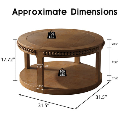 31.5" Round Solid Wood Coffee Table — Two-Tier Shelf, Natural Finish