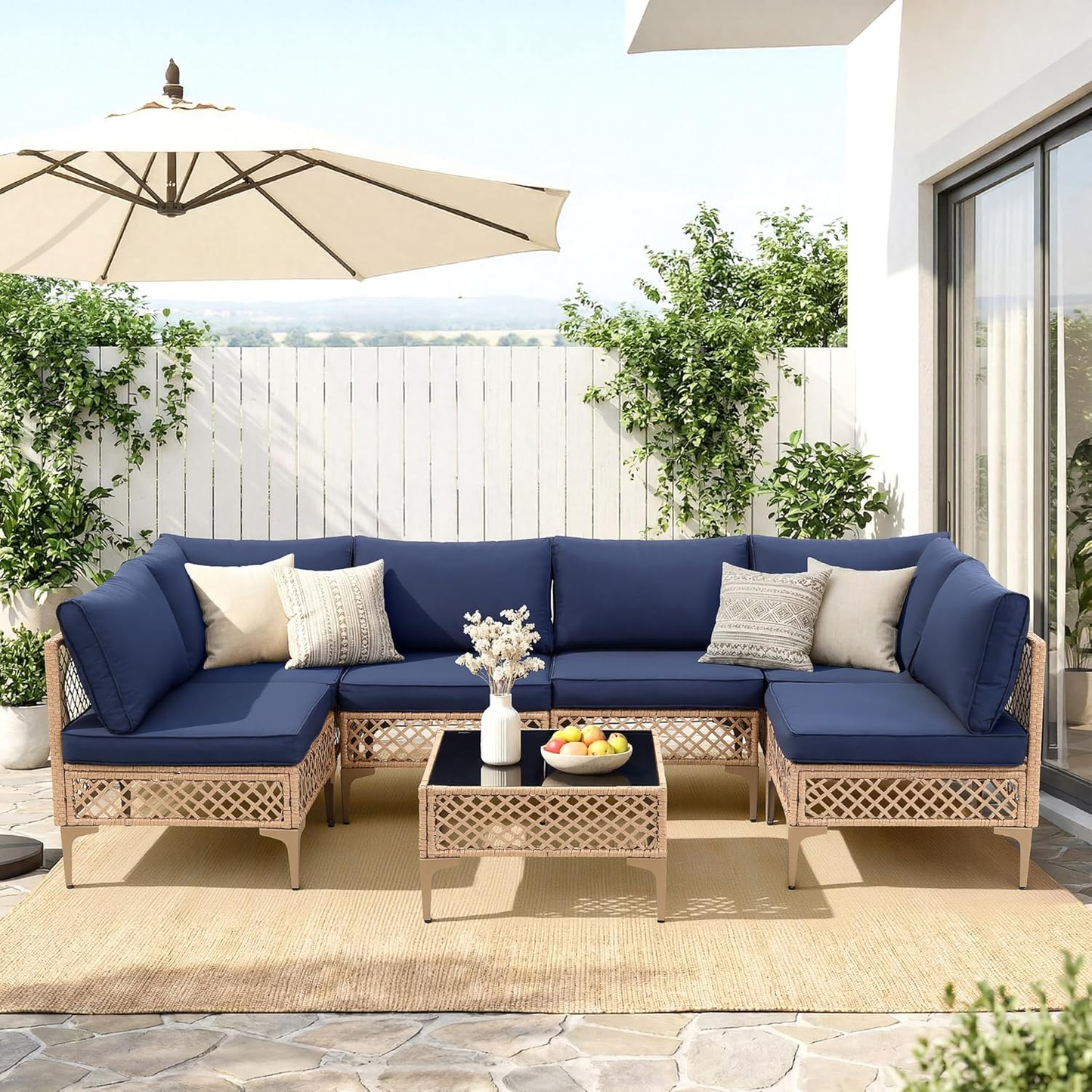 Ainfox 7 Pieces Outdoor Wicker Modular Patio Sectional Set with Thick Cushions & Tempered Glass Table