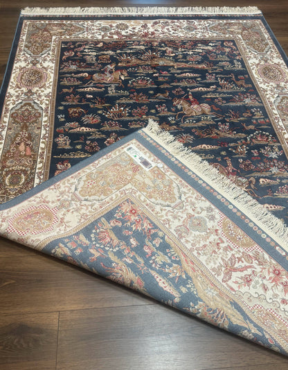 Turkish Silk Rug 5x8, Hunting Design, Animal Pictorials, Steel Blue & Ivory, Bamboo Silk