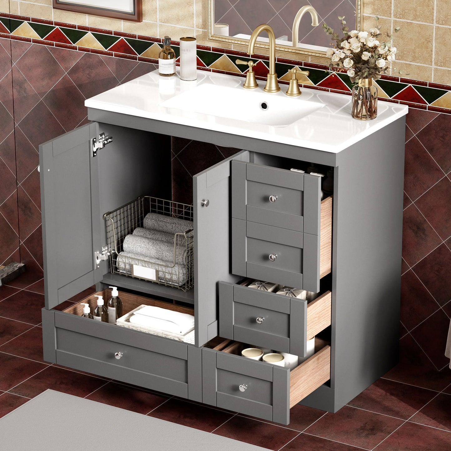 Shaker Free Standing Bathroom Vanity Cabinet & Sink, Soft Close Drawers, Soft Close Doors