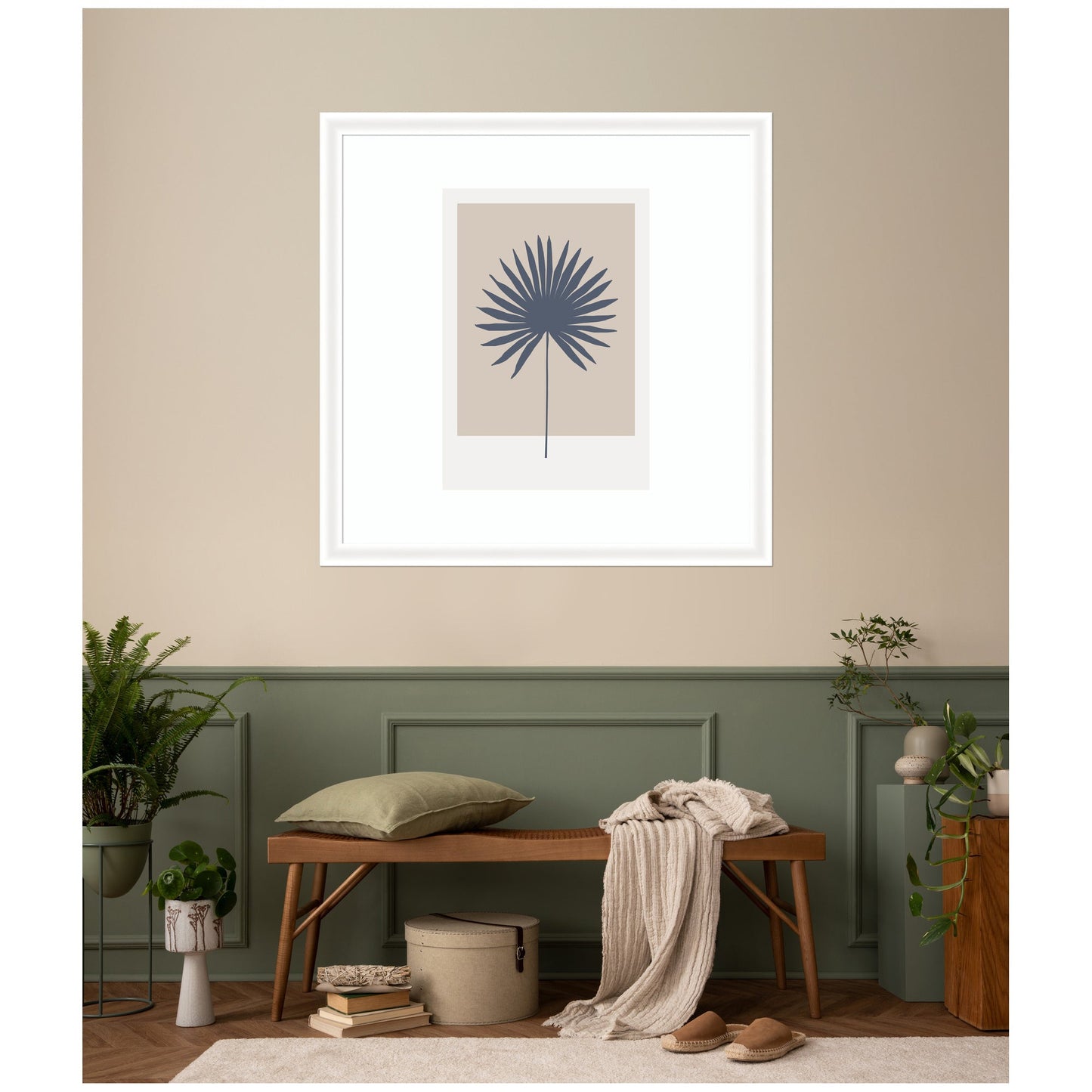 Muted Tan and Blue Colorblock Botanical Palm by The Creative Bunch Studio Framed Wall Art Print