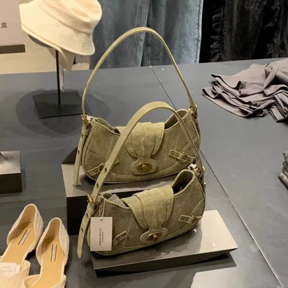 Vintage Army Green Splicing Armpit Bag – Stylish Small Shoulder Purse, Versatile Spring Spice Girl Bag & Handbag  hobo