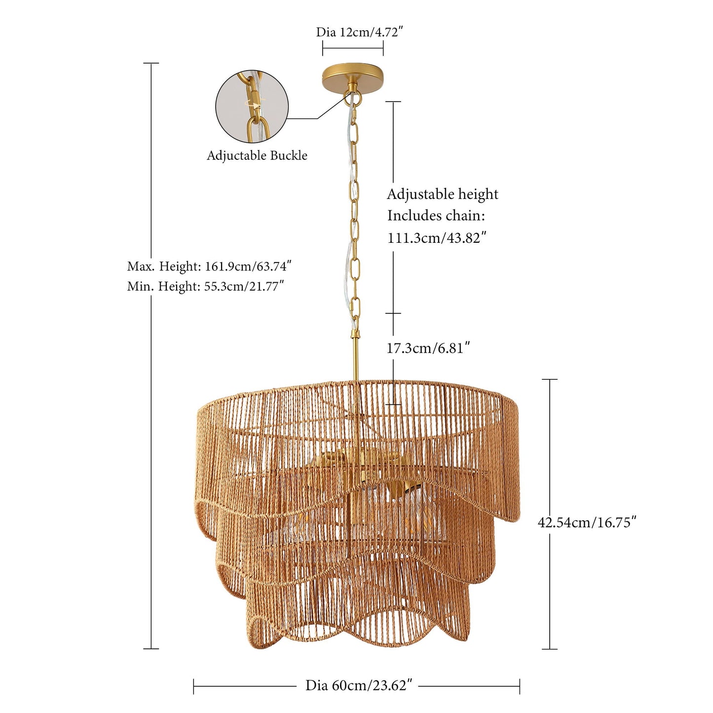 Chandelier With 7 Light E26 Base, Adjustable Height Wave Pendant Light For Living Room - Gold