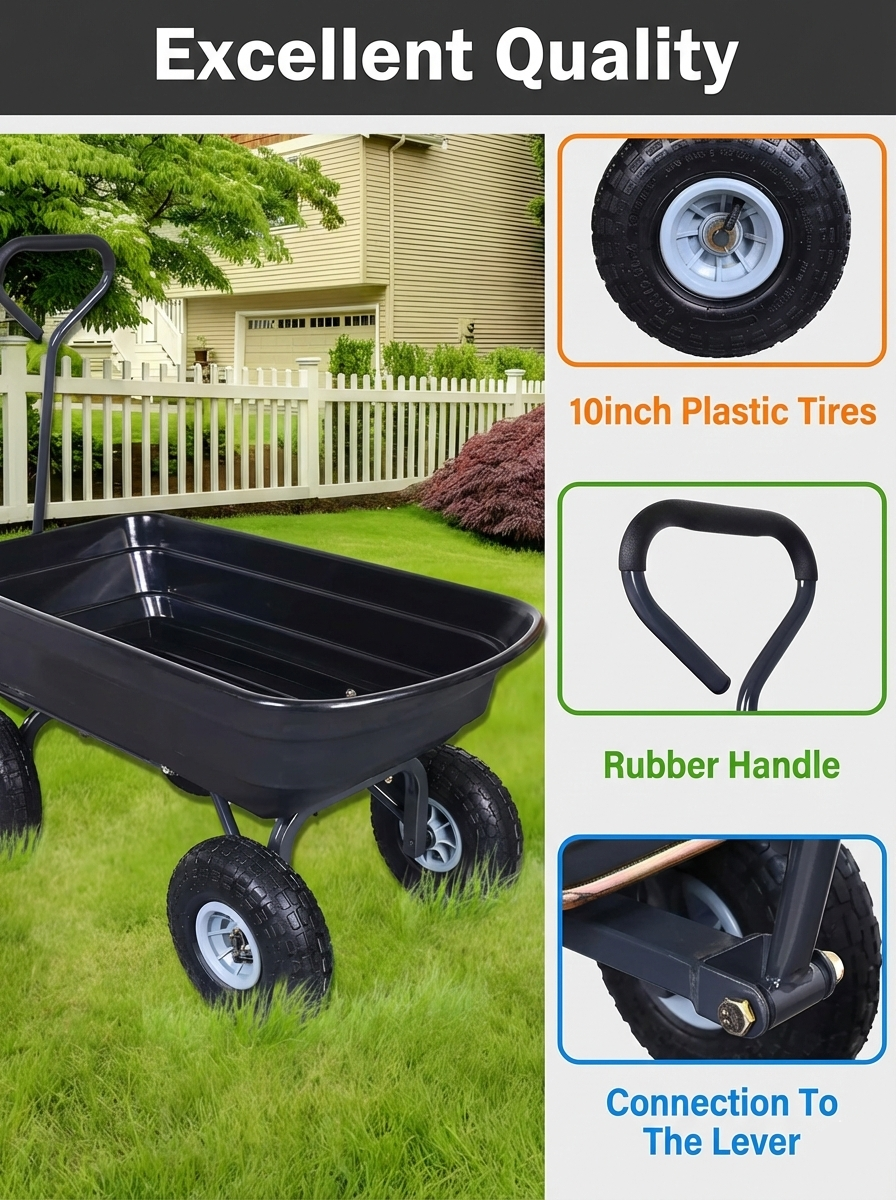 Heavy Duty Poly Garden Dump Cart – 600 lb Capacity, 10" Pneumatic Tires