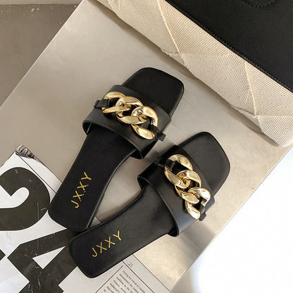 Women Sandals Design Gold Chain Closed Toe Slip On Mules Shoes Flat Heels Square Head Casual Slides Summer Slippers Open Toe Flat Sandals Metal Chain PU Leather Slides Shoes
