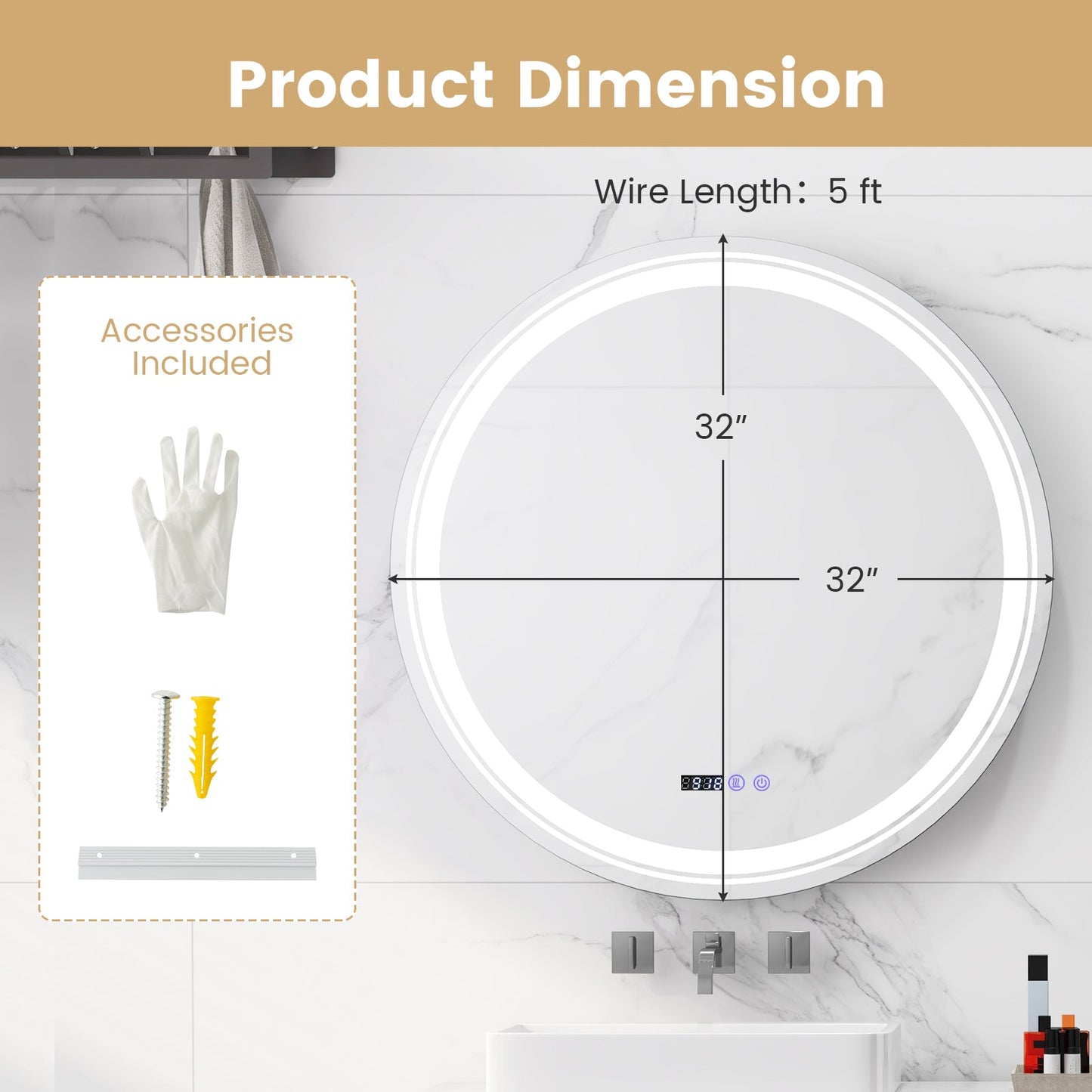 Anti-Fog Round Led Bathroom Mirror with 3 Color LED Lights