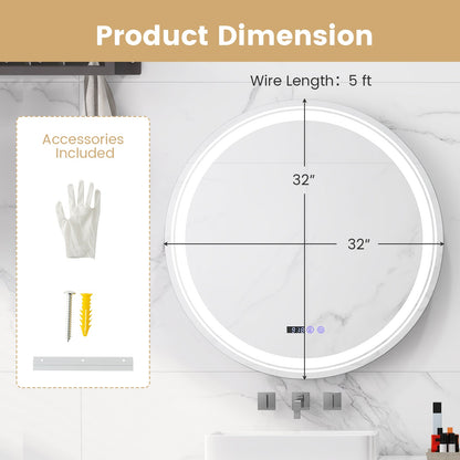 Anti-Fog Round Led Bathroom Mirror with 3 Color LED Lights
