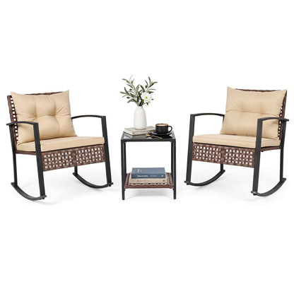 3-Piece Rocking Chair Patio Set with Glass Coffee Table
