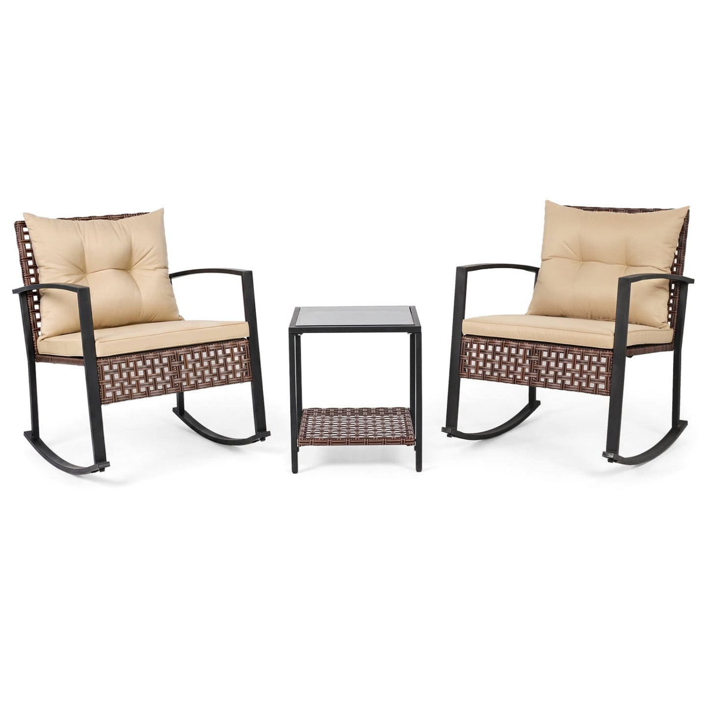 3-Piece Rocking Chair Patio Set with Glass Coffee Table