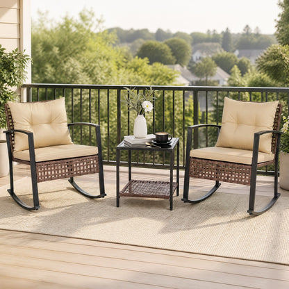 3-Piece Rocking Chair Patio Set with Glass Coffee Table