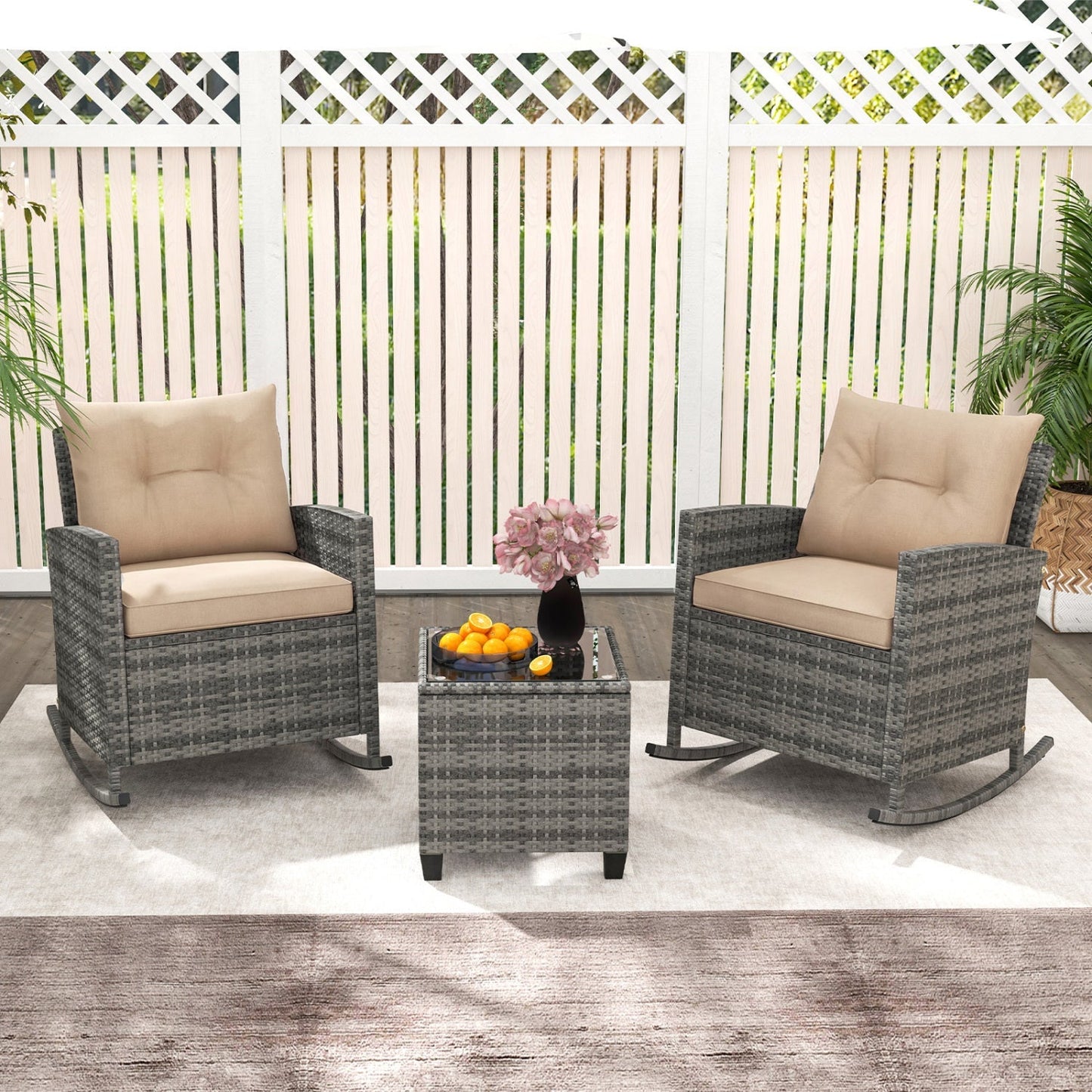 3-Piece Patio Rocking Chair Set with Glass Table