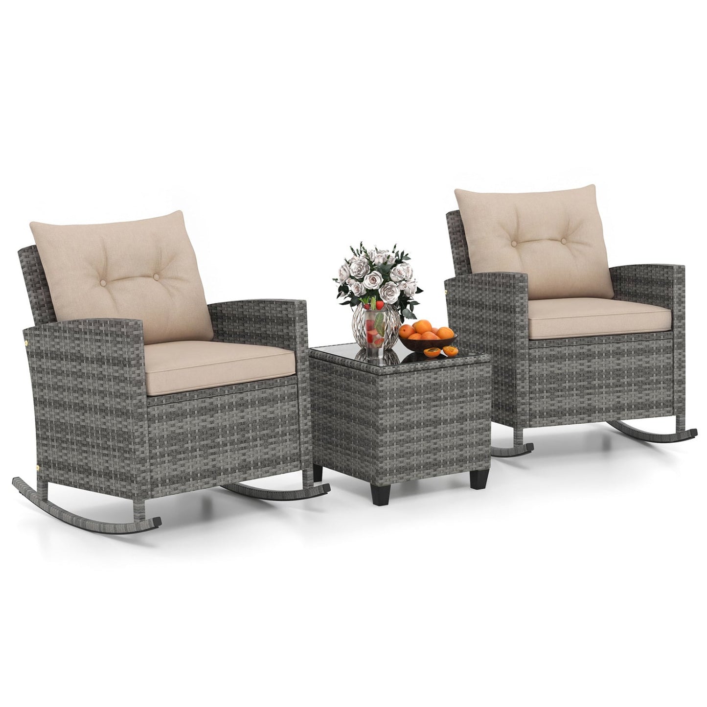 3-Piece Patio Rocking Chair Set with Glass Table