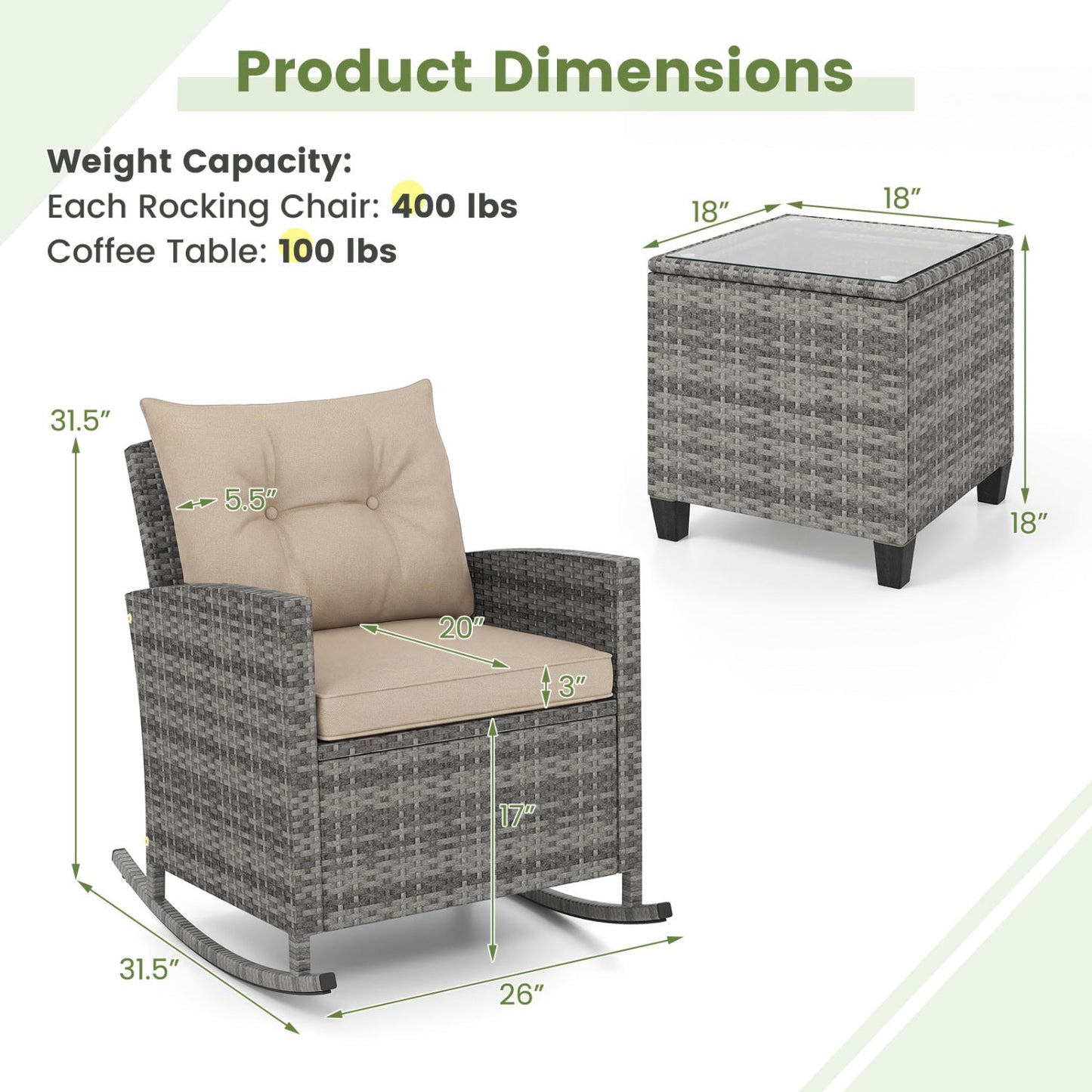 3-Piece Patio Rocking Chair Set with Glass Table