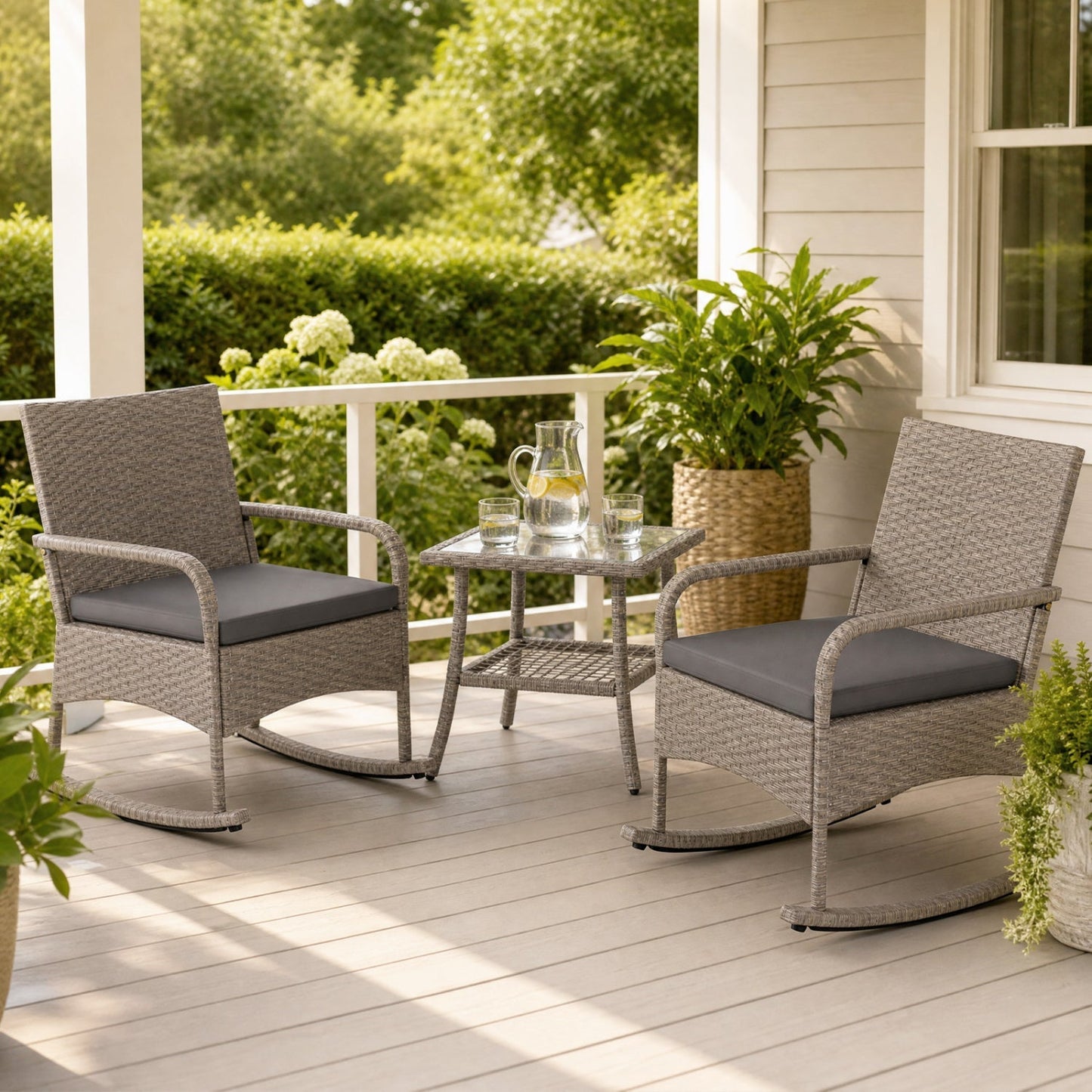 3-Piece Wicker Rocking Bistro Set with Cushions - Gray