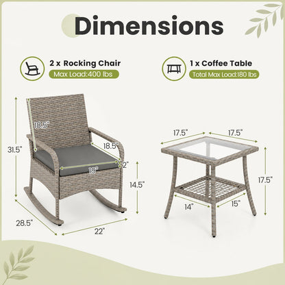 3-Piece Wicker Rocking Bistro Set with Cushions - Gray