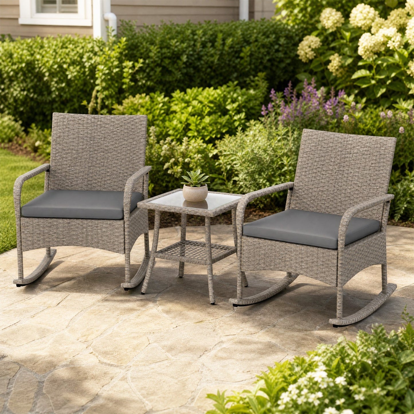 3-Piece Wicker Rocking Bistro Set with Cushions - Gray
