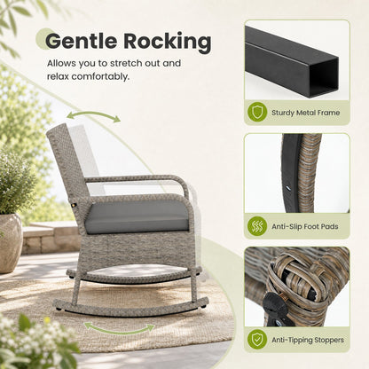 3-Piece Wicker Rocking Bistro Set with Cushions - Gray