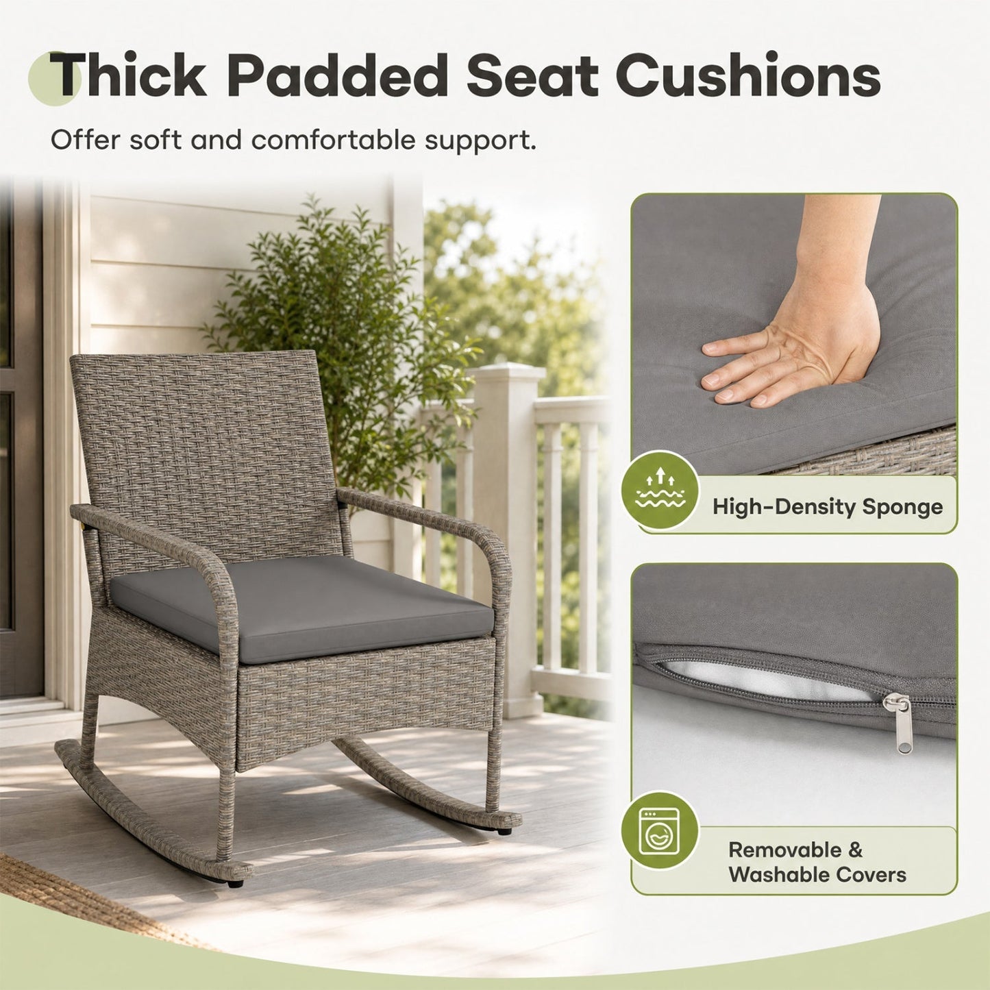 3-Piece Wicker Rocking Bistro Set with Cushions - Gray