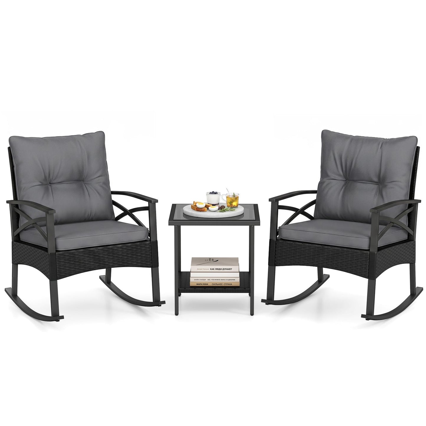 Outdoor Rattan Rocking Chair Set with Side Table - 3 Pieces