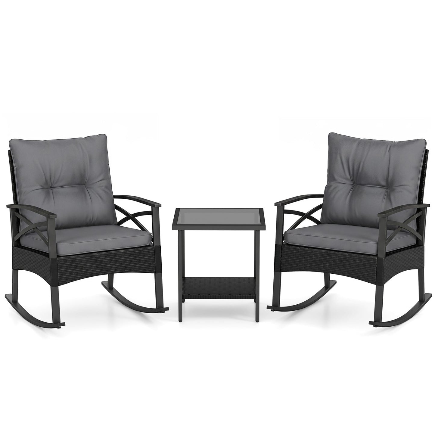 Outdoor Rattan Rocking Chair Set with Side Table - 3 Pieces