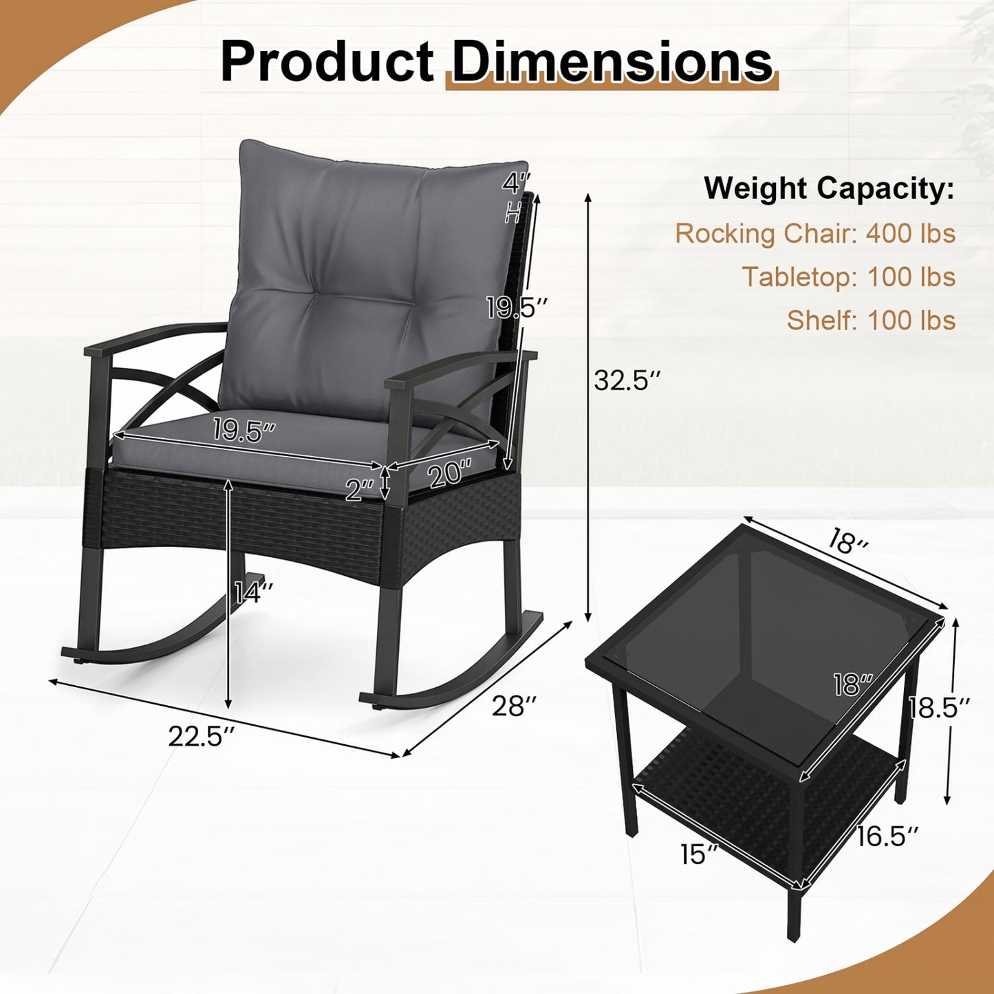 Outdoor Rattan Rocking Chair Set with Side Table - 3 Pieces