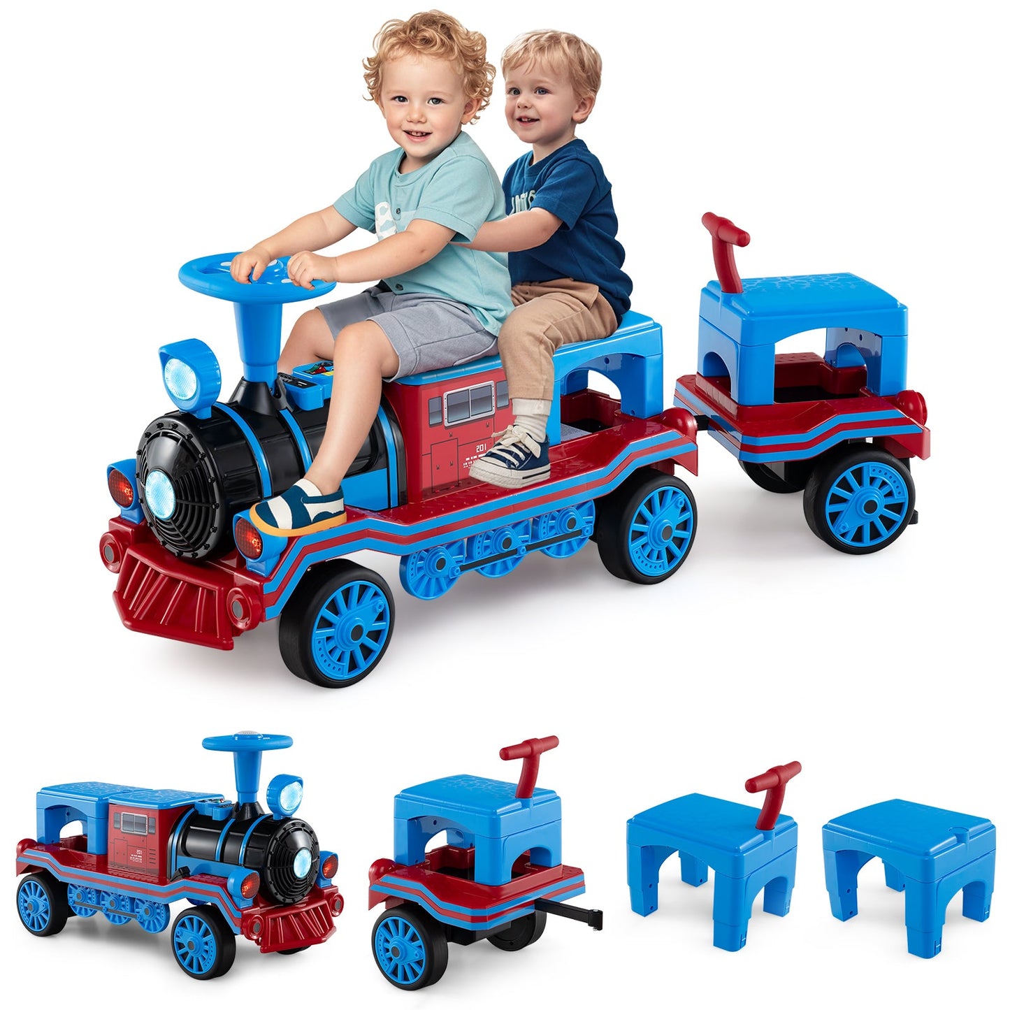 3-Seater Trackless Ride on Train Set 12V Ride on Toy Car with 2 Removable Chairs