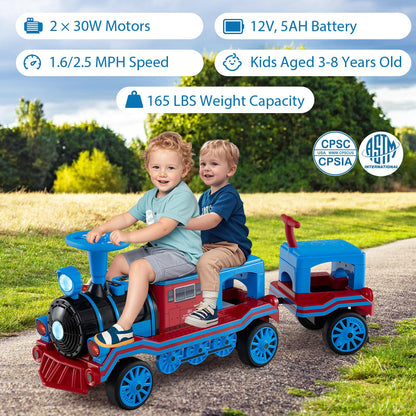 3-Seater Trackless Ride on Train Set 12V Ride on Toy Car with 2 Removable Chairs
