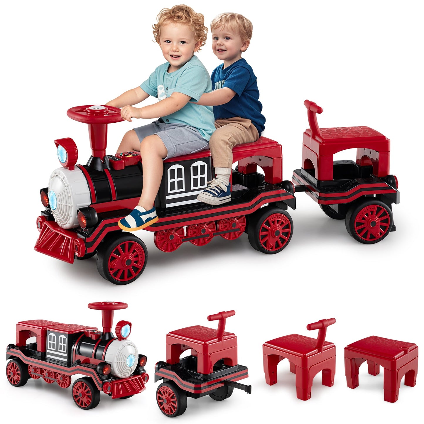 3-Seater Trackless Ride on Train Set 12V Ride on Toy Car with 2 Removable Chairs