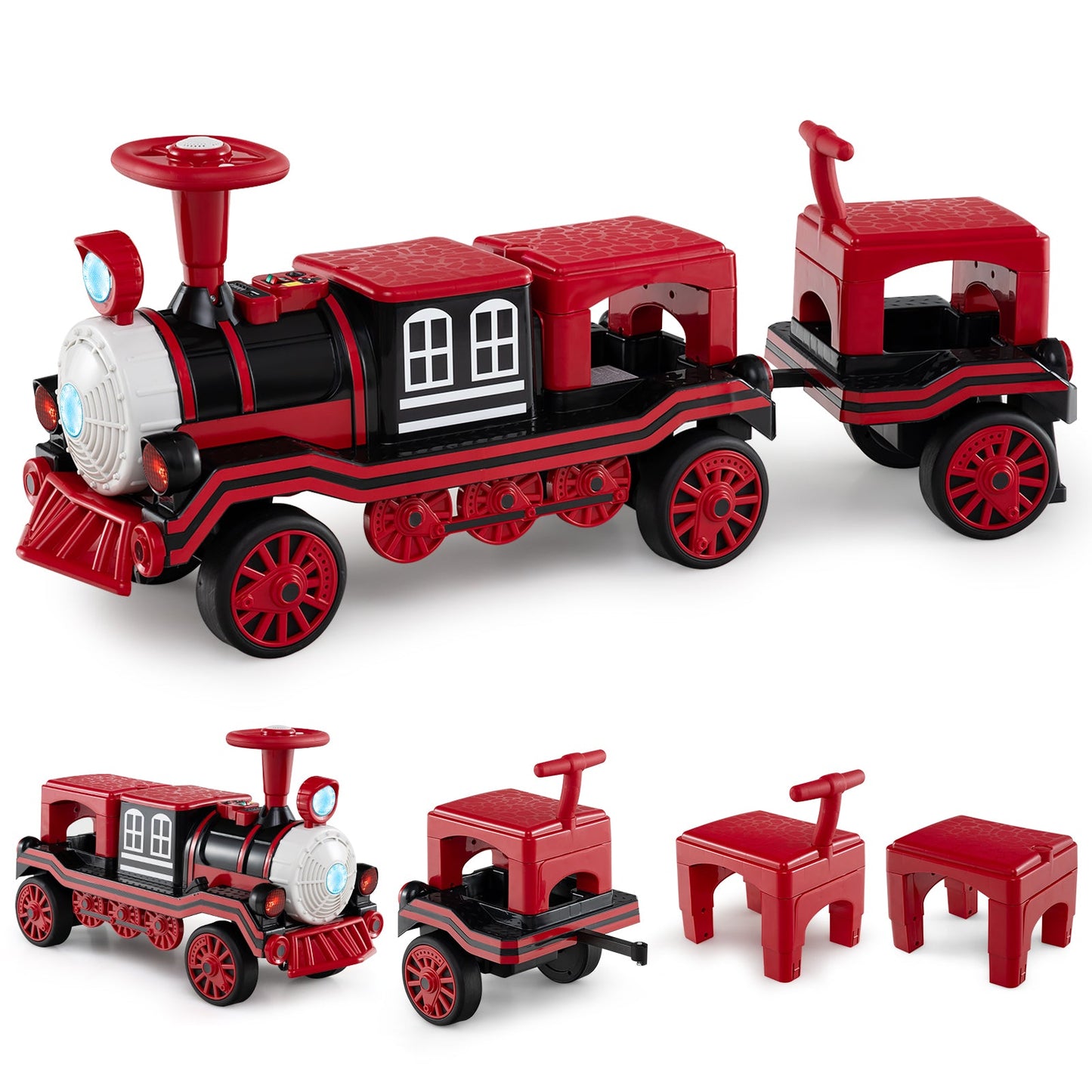 3-Seater Trackless Ride on Train Set 12V Ride on Toy Car with 2 Removable Chairs