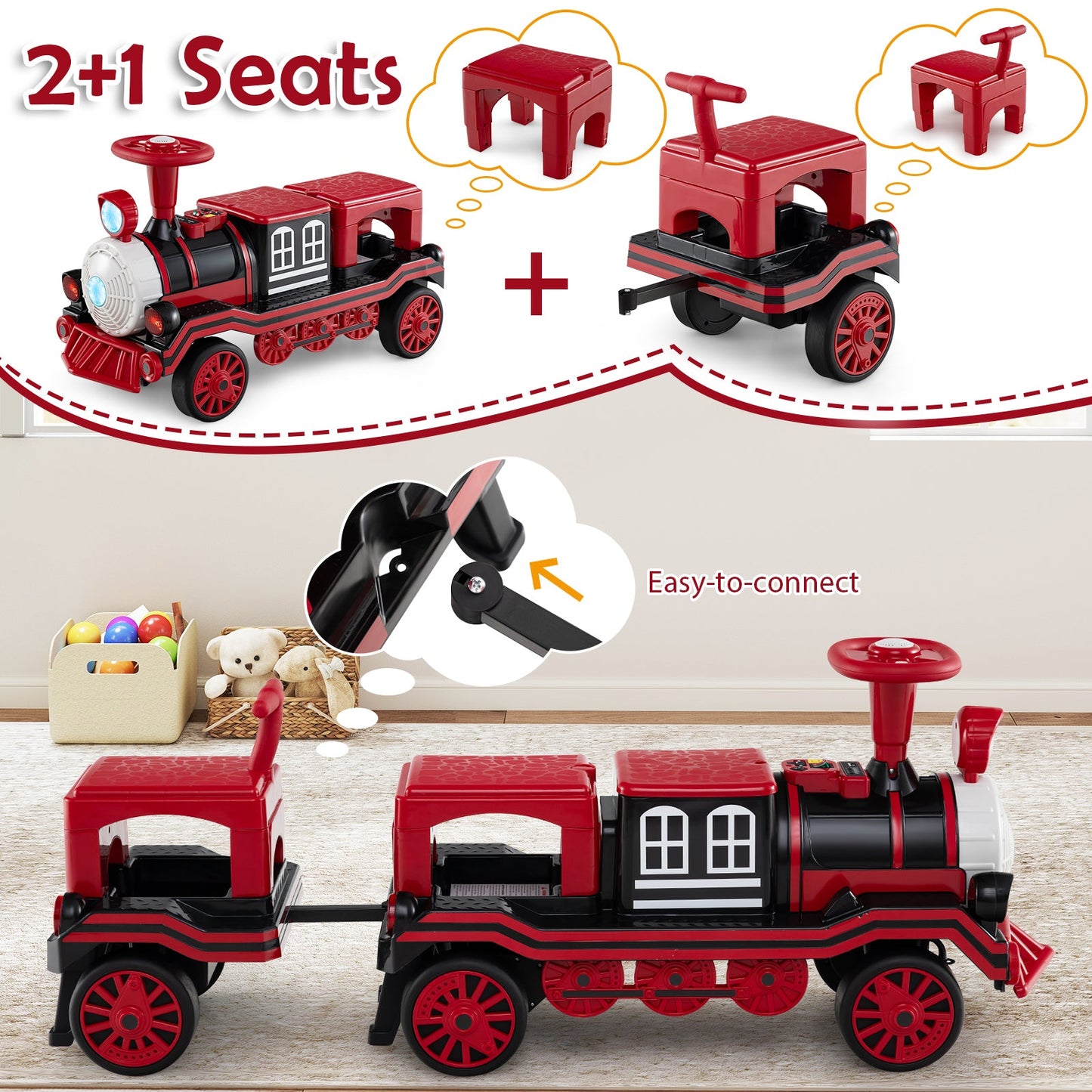 3-Seater Trackless Ride on Train Set 12V Ride on Toy Car with 2 Removable Chairs