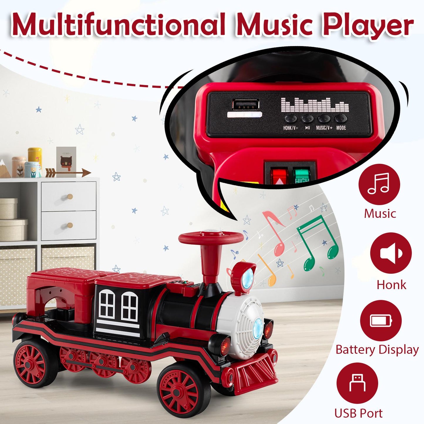 3-Seater Trackless Ride on Train Set 12V Ride on Toy Car with 2 Removable Chairs