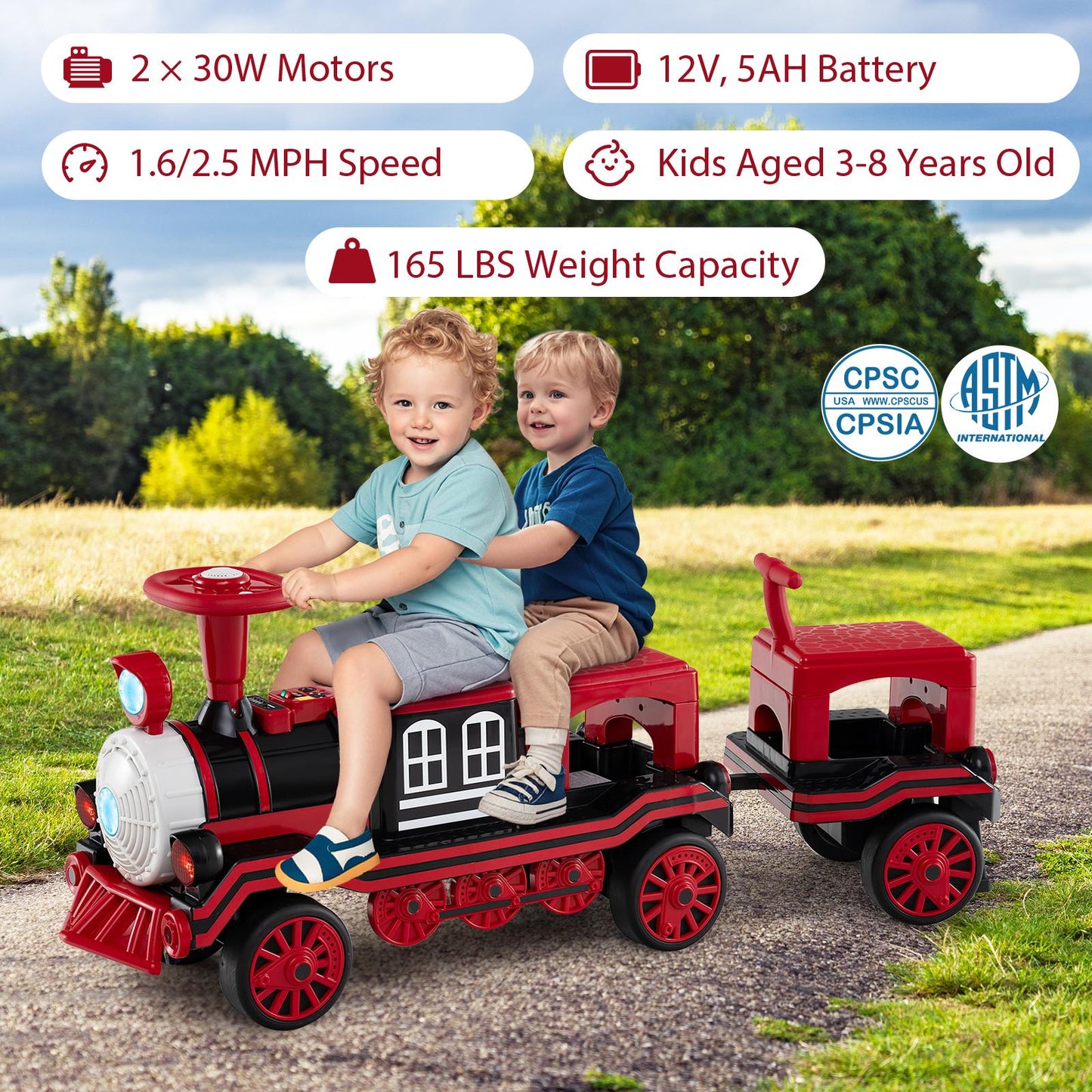 3-Seater Trackless Ride on Train Set 12V Ride on Toy Car with 2 Removable Chairs