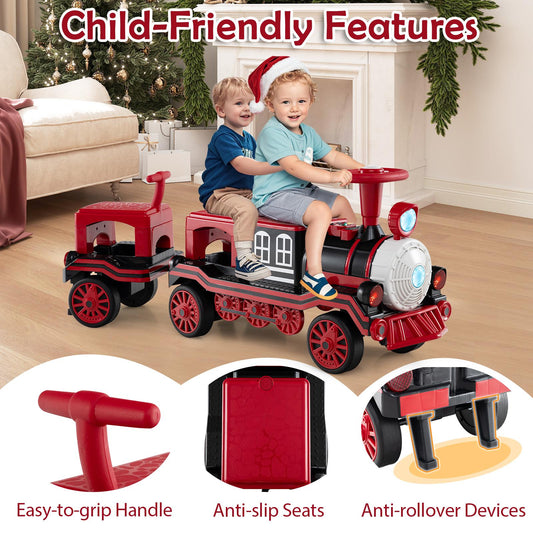 3-Seater Trackless Ride on Train Set 12V Ride on Toy Car with 2 Removable Chairs