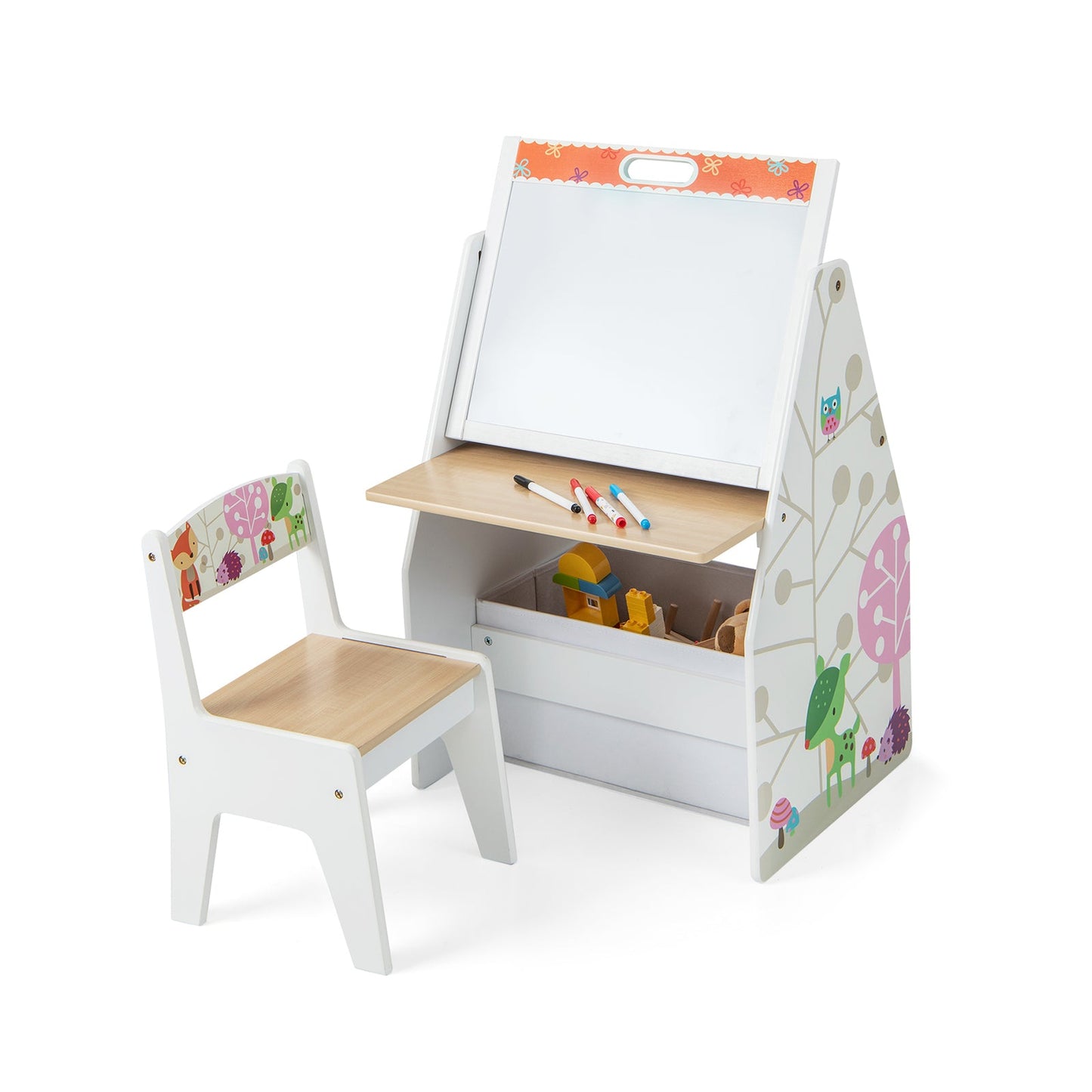3 in 1 Kids Easel and Play Station Convertible with Chair and Storage Bins