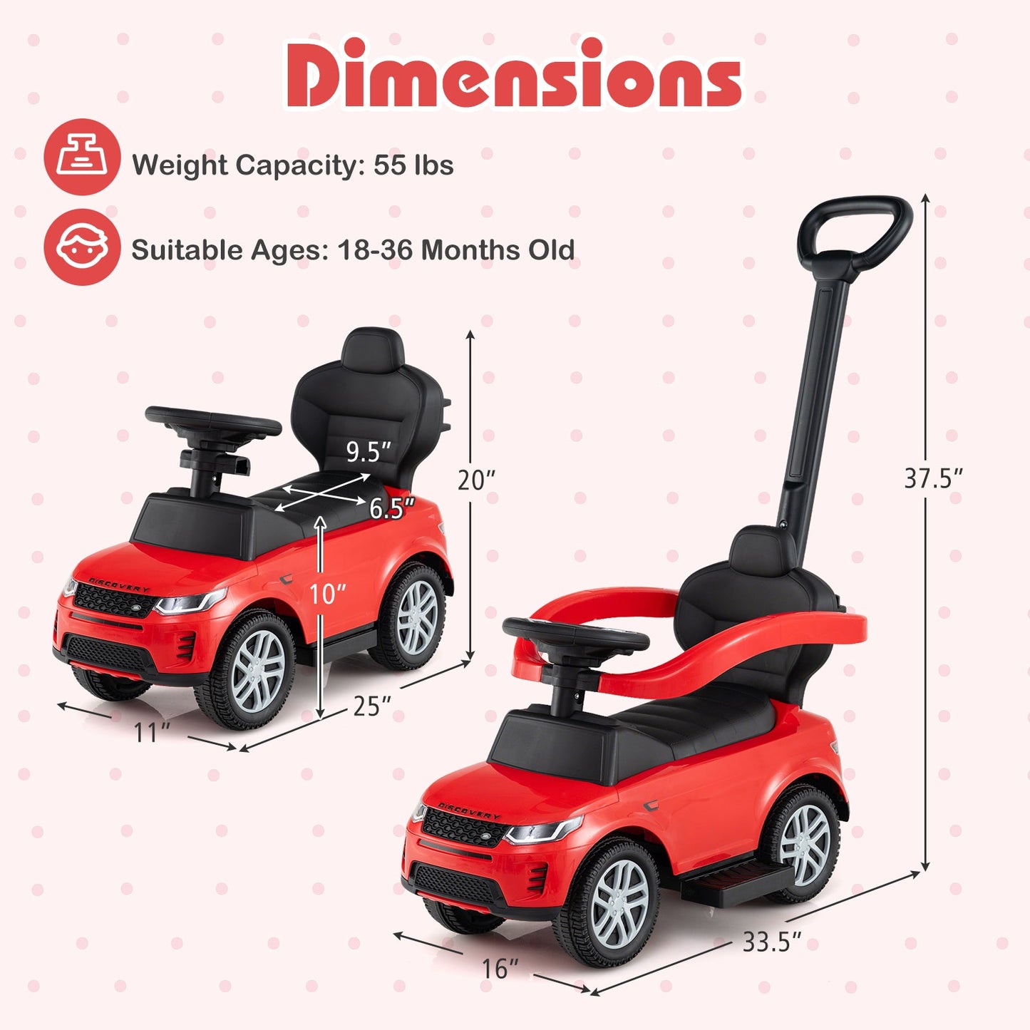 3 in 1 Push Car with Removable Handle and Guardrail for Kids 18-36 Months Old
