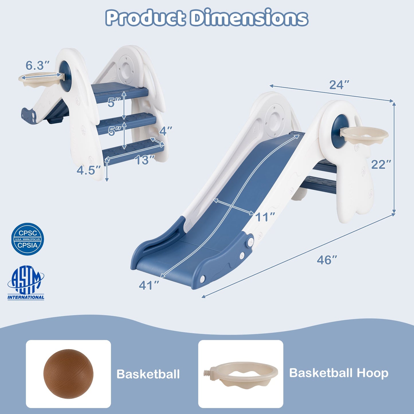 3 in 1 Toddler Slide Baby Slide Climber Playset with Basketball Hoop and Basketball