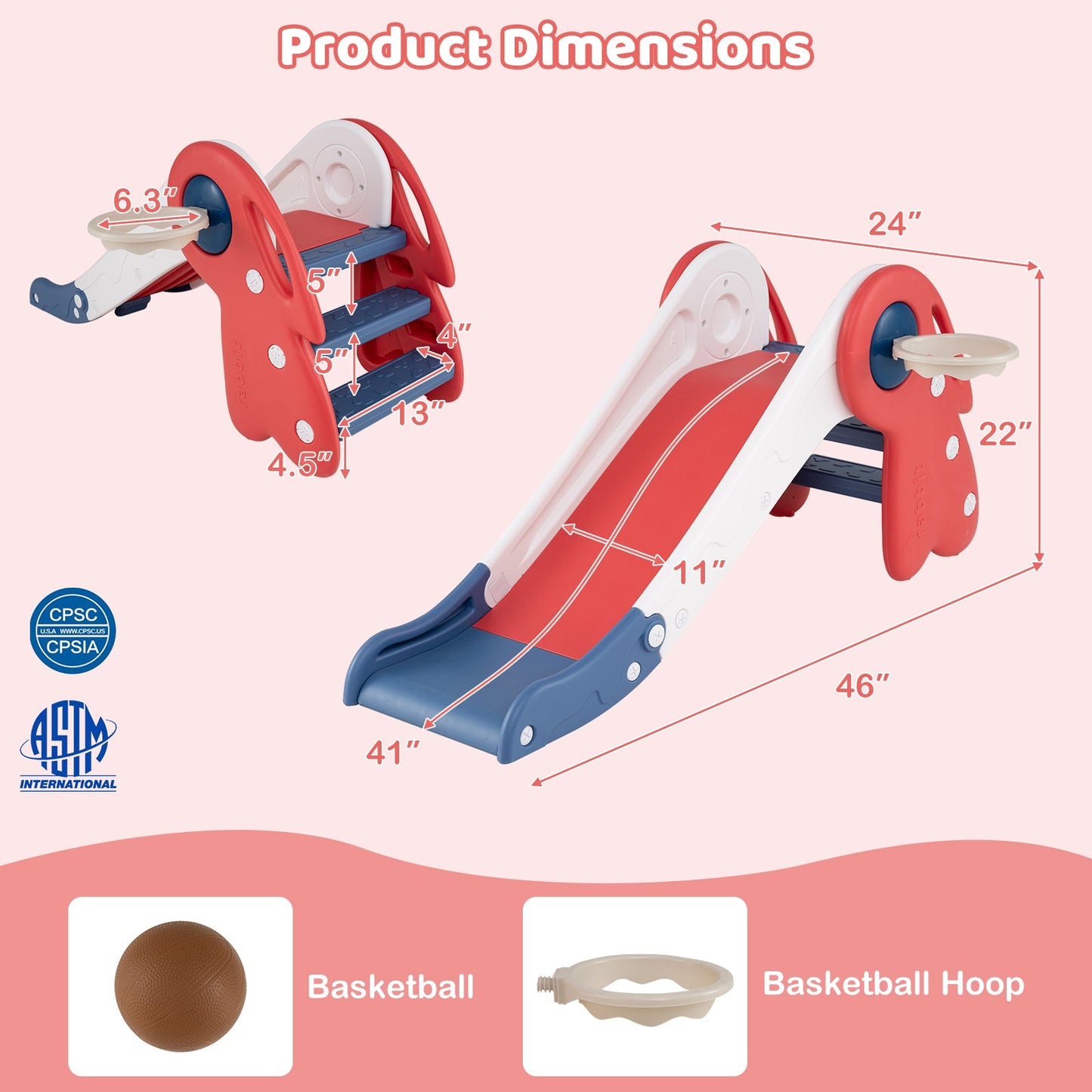 3 in 1 Toddler Slide Baby Slide Climber Playset with Basketball Hoop and Basketball