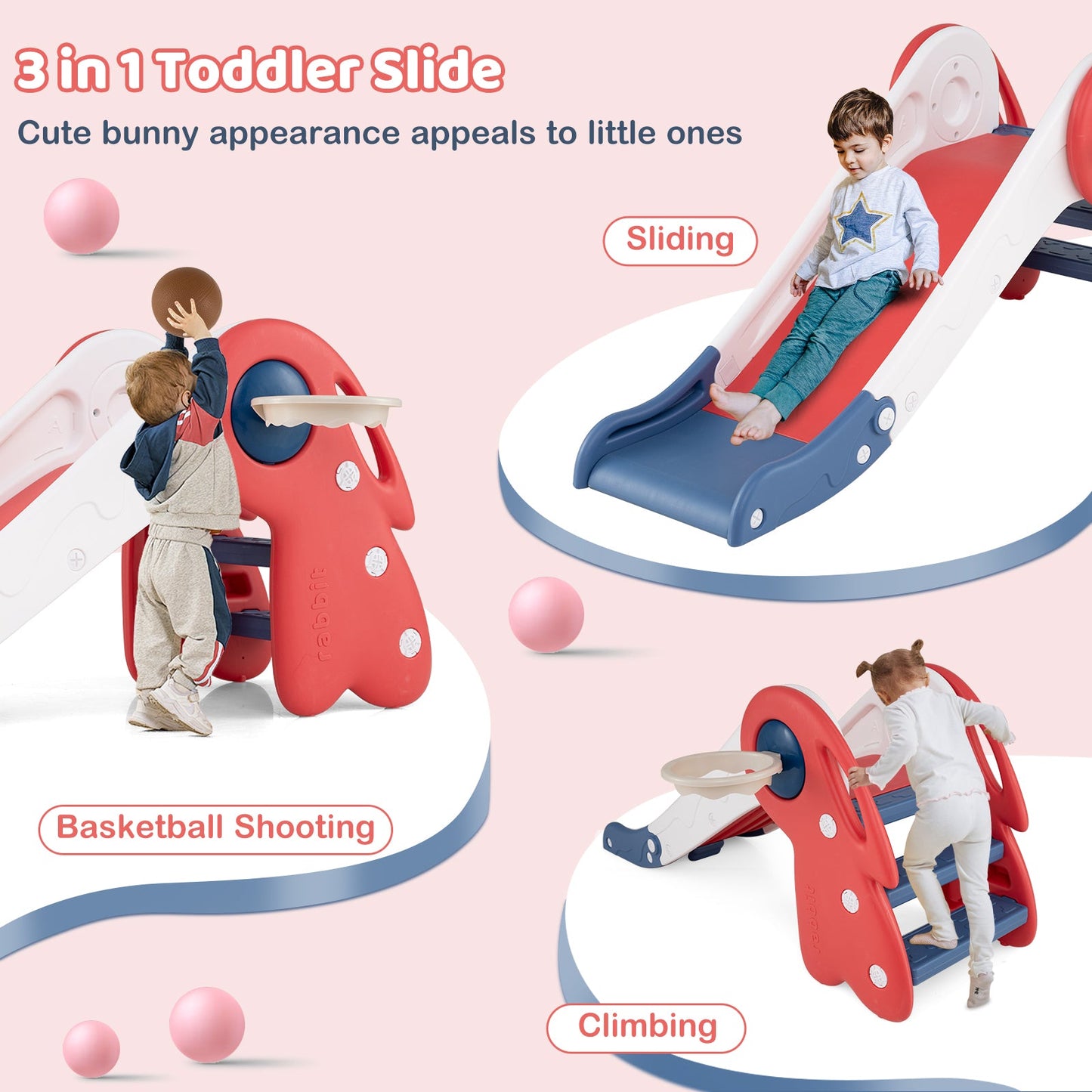 3 in 1 Toddler Slide Baby Slide Climber Playset with Basketball Hoop and Basketball