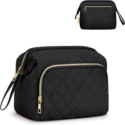 Wide-open Quilted Travel Makeup Organizer Bag with Handle: Black