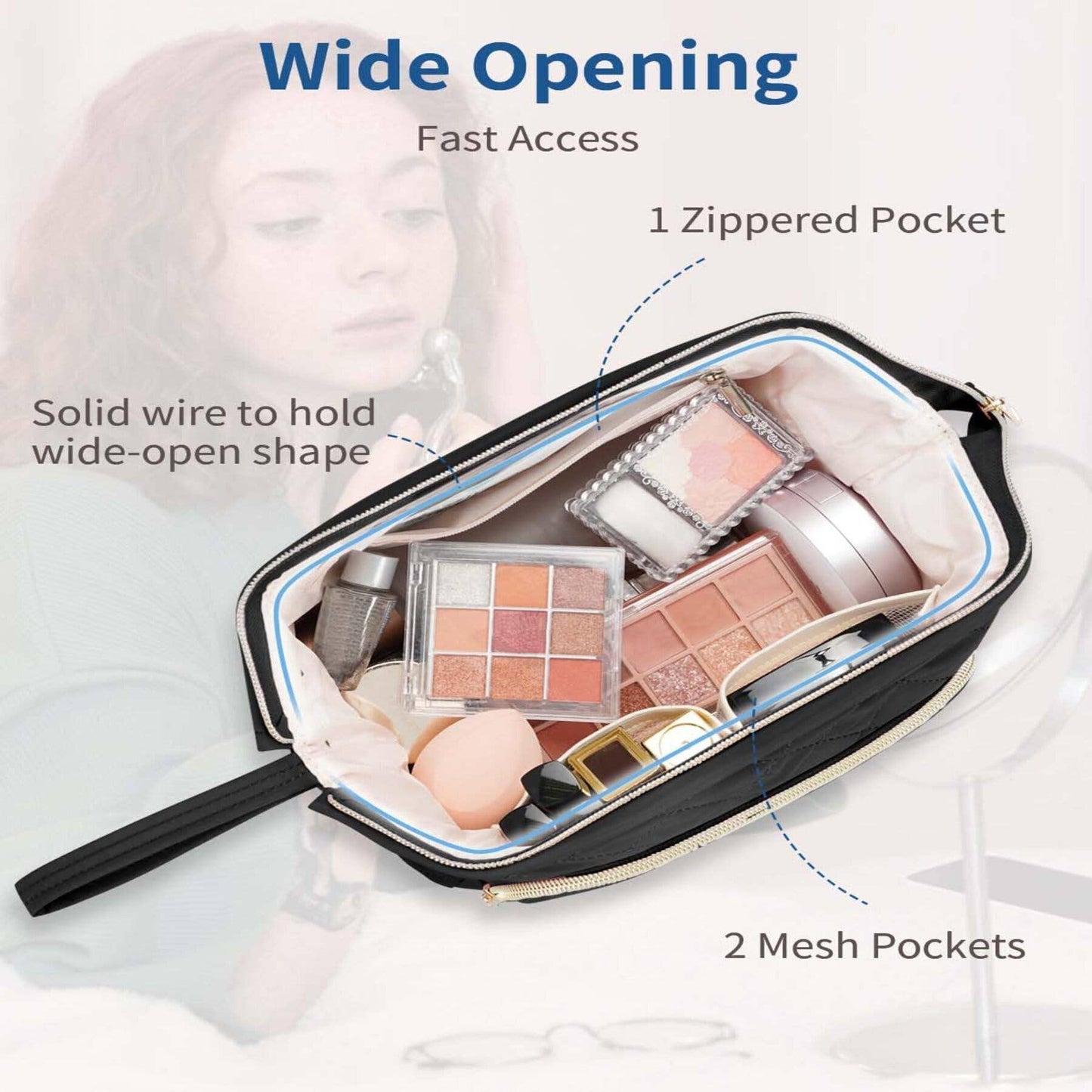 Wide-open Quilted Travel Makeup Organizer Bag with Handle: Black