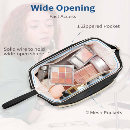 Wide-open Quilted Travel Makeup Organizer Bag with Handle: Black