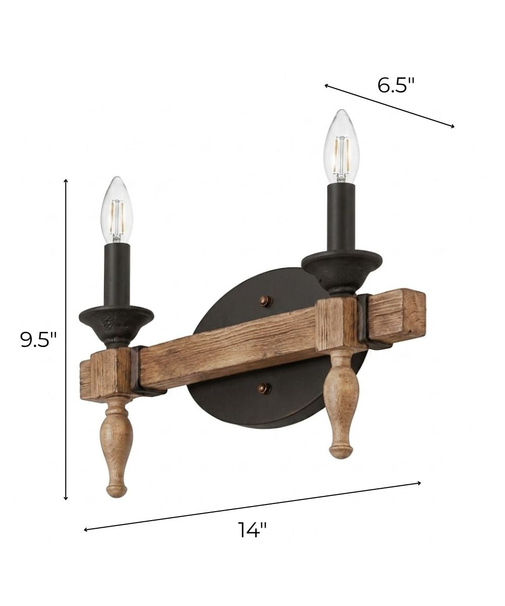 Glenwood 14"W 2-Light Aged Bronze and Distressed Oak Finish Bathroom Vanity Light Fixture