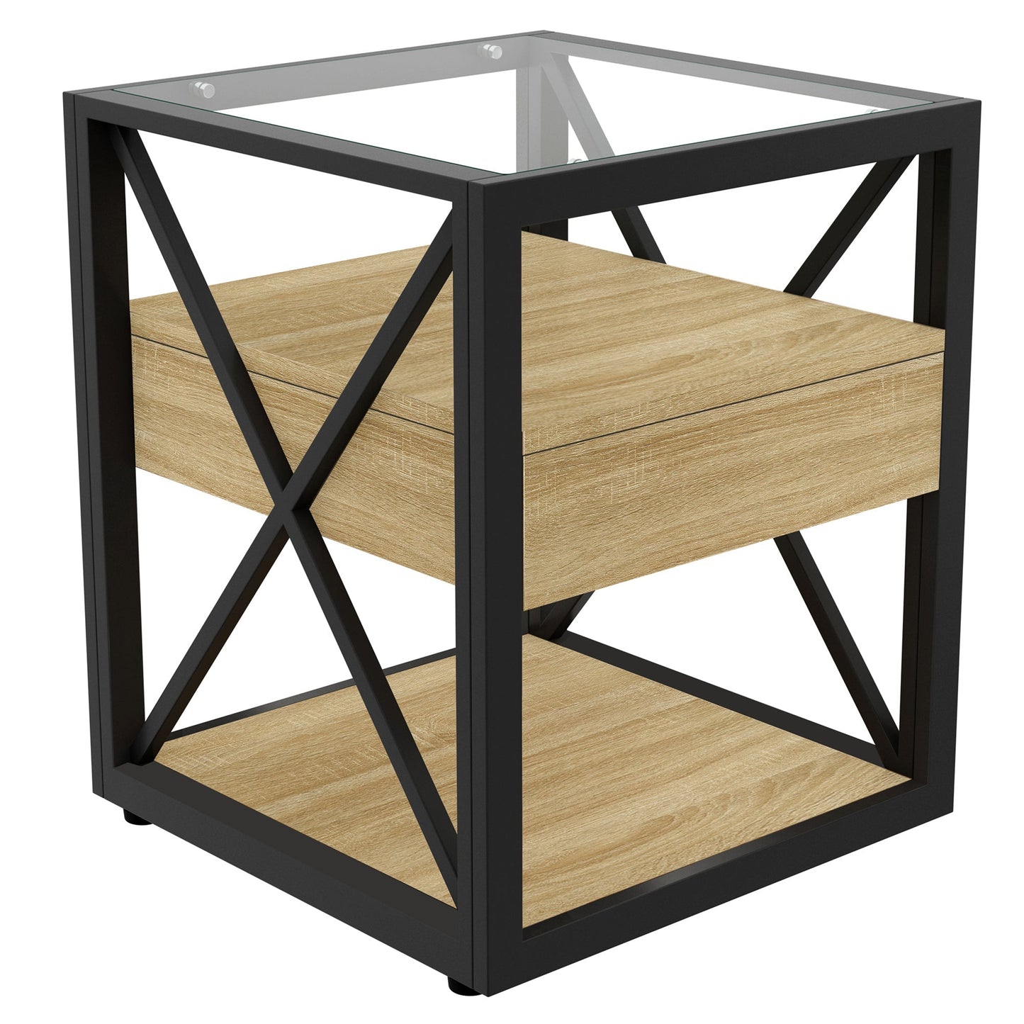 1 Piece Modern End Table with Drawer - Natural Wood & Tempered Glass
