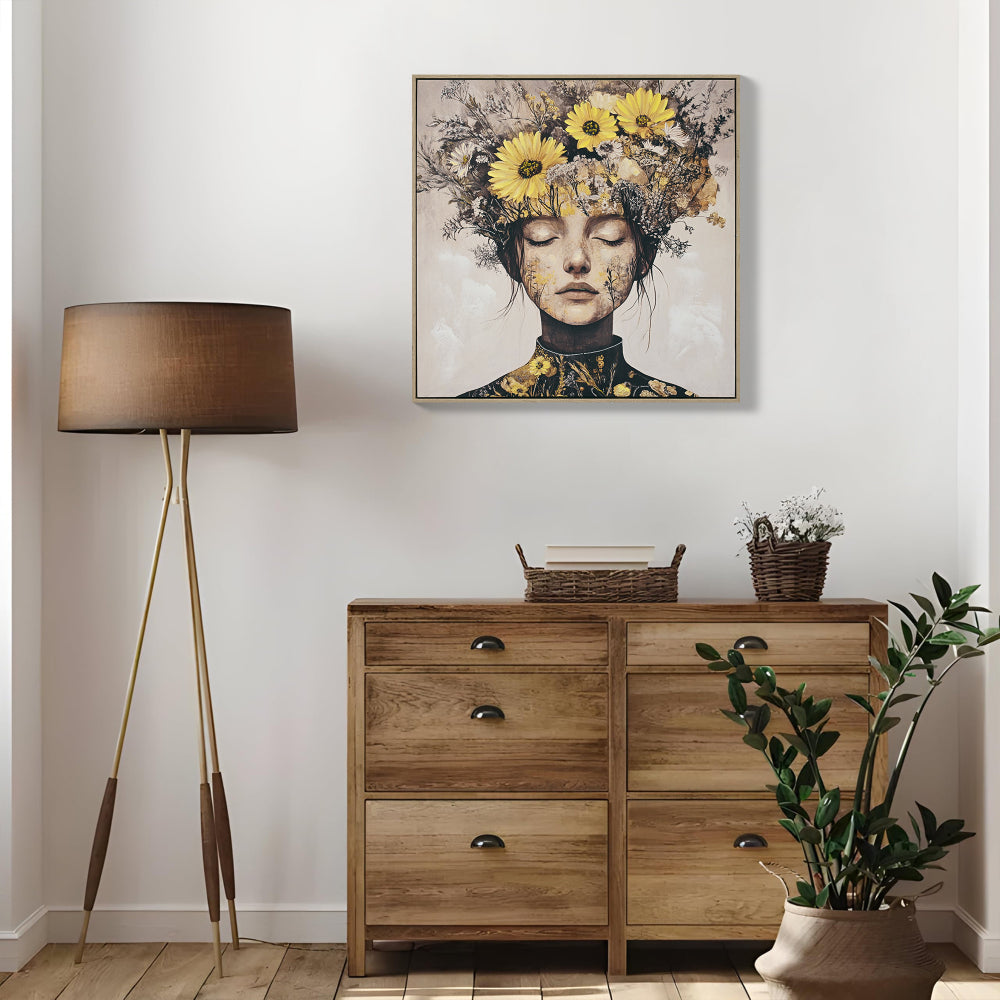 Floral Beauty Lady Canvas Wall Art | Gold & White Framed Print for Bedroom & Living Room — 24×24 Inch