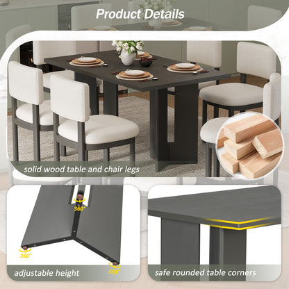 Dining Table Set With 6 Upholstered Chairs, Rectangular Table With Cutout Legs