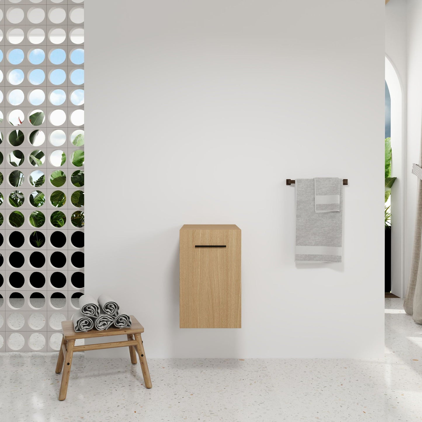 Floating Bathroom Vanity Single Door Base Cabinet, Wall Mounted Storage - Light Oak