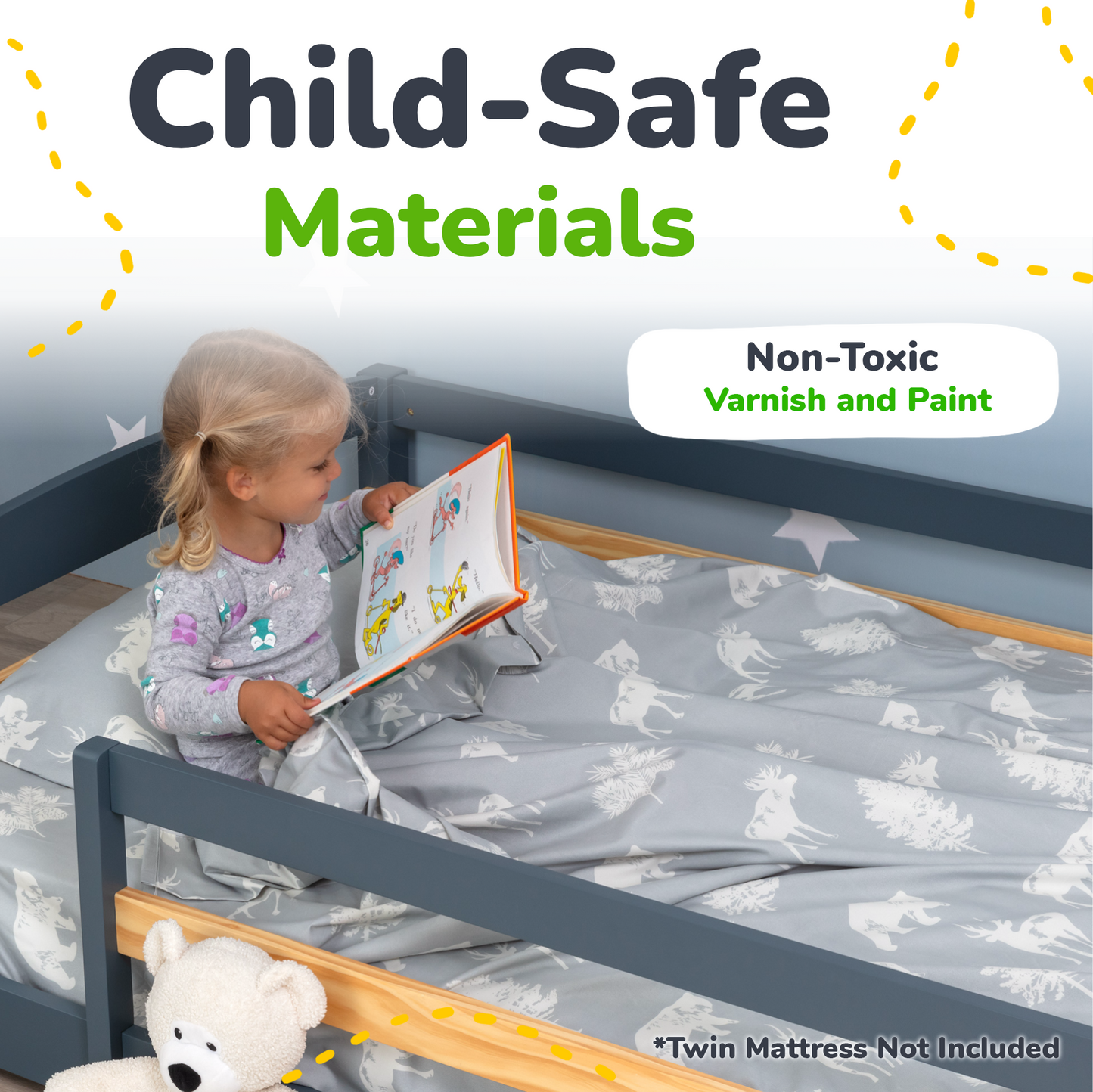 Twin Size Montessori-Inspired Floor Bed with Safety Guardrails for Kids